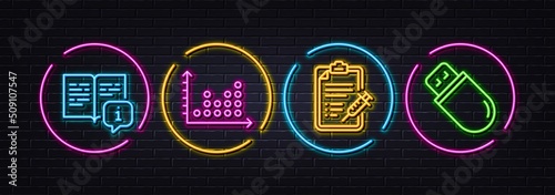 Dot plot, Manual and Vaccine report minimal line icons. Neon laser 3d lights. Usb stick icons. For web, application, printing. Presentation graph, Read book, Vaccination report. Memory flash. Vector