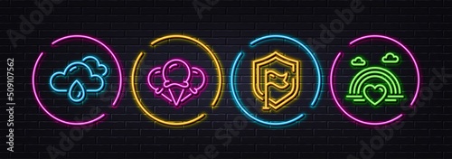 Ice creams, Shield and Rainy weather minimal line icons. Neon laser 3d lights. Lgbt icons. For web, application, printing. Vanilla waffle, Safe secure, Rain. Rainbow heart. Neon lights buttons. Vector