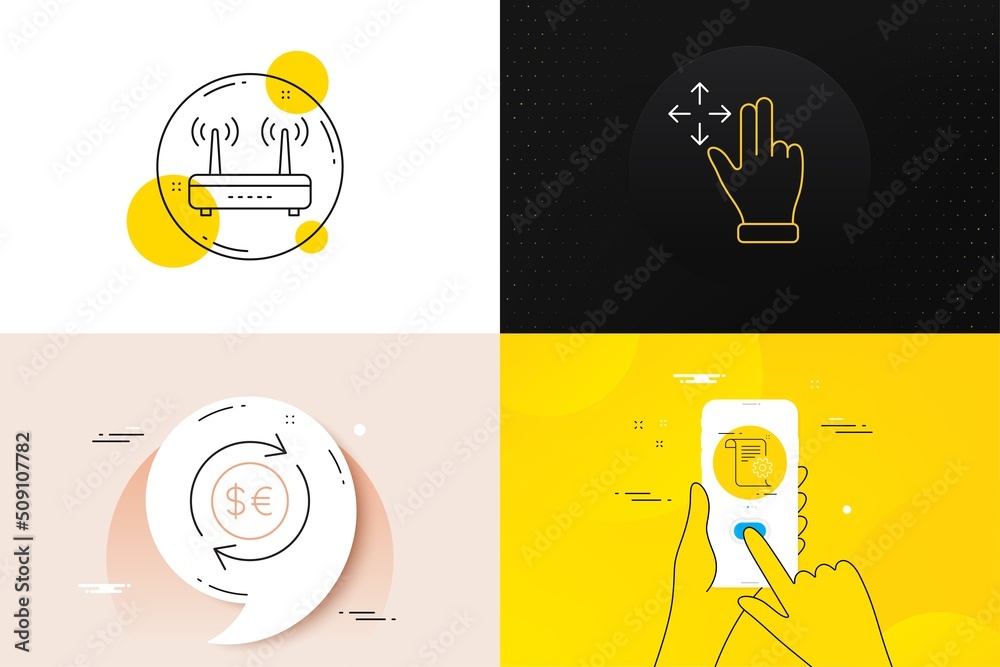 Minimal set of Wifi, Move gesture and Technical documentation line icons. Phone screen, Quote banners. Money currency icons. For web development. Internet router, Swipe, Manual. Cash change. Vector Minimal set of Wifi, Move gesture and Technical documentation line icons. Phone screen, Quote banners. Money currency icons. For web development. Internet router, Swipe, Manual. Cash change. Vector