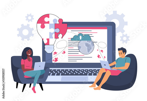 The concept of collaboration on a software project. A man and woman with an african appearance working on a computers. Vector illustration.