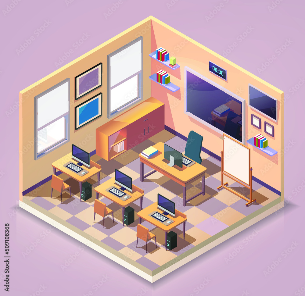 Isometric empty Computer classroom vectors Isometric empty Computer classroom vectors