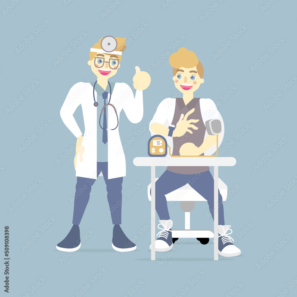 doctor checking, caring measuring blood pressure for patient, health care, medical examination concept, flat character design clip art vector illustration