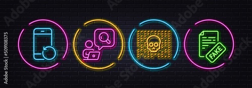 Recovery phone, Cyber attack and Inspect minimal line icons. Neon laser 3d lights. Fake news icons. For web, application, printing. Backup smartphone, Phishing skull, Search info. Wrong fact. Vector