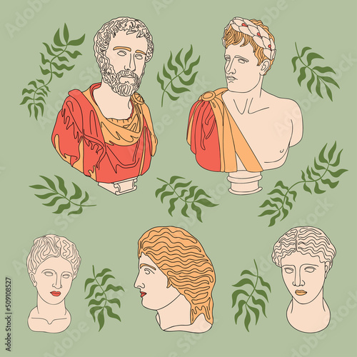 Ancient greek sculptures. Abstract simple marbel heads and busts, outlined hand drawn statues cesars torso, young girls stone heads Classic ink sketch with color