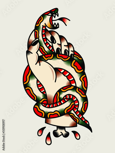Traditional tattoo of snake in hand.