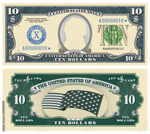 Fictional template obverse and reverse of US paper money. Ten dollars banknote. Empty oval, stars-striped flag and guilloche frames. Hamilton