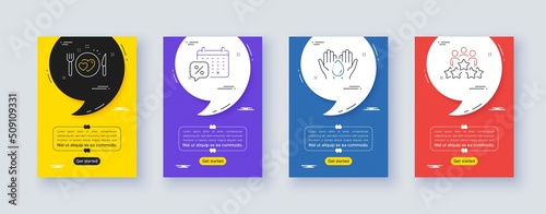 Set of Romantic dinner, Wash hands and Discounts calendar line icons. Poster offer frame with quote, comma. Include Business meeting icons. For web, application. Vector