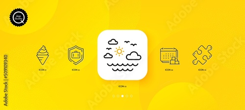 Travel sea, Ice cream and Puzzle minimal line icons. Yellow abstract background. Delivery, Luggage protect icons. For web, application, printing. Summer holidays, Frozen dessert, Jigsaw game. Vector