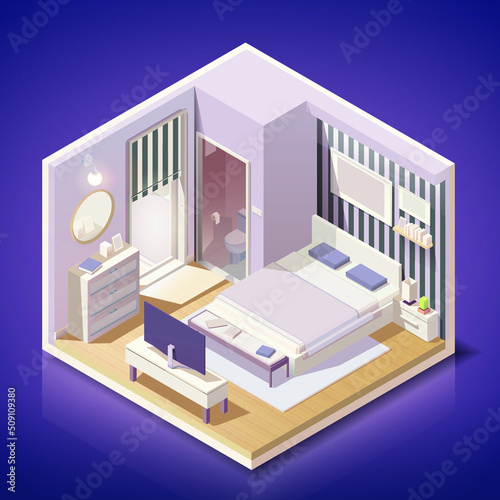 Modern bedroom interior with furniture  in isometric style