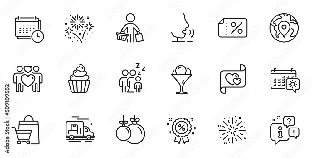 Outline set of Travel calendar, Sleep and Fireworks explosion line icons for web application. Talk, information, delivery truck outline icon. Include Love letter, Pin, Ice cream icons. Vector