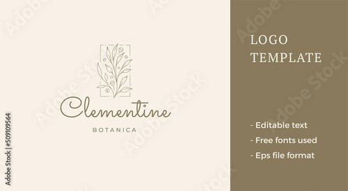 Minimalist spring cranberry natural branch berries leaves geometric frame line art logo vector