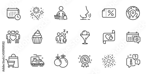 Outline set of Travel calendar, Sleep and Fireworks explosion line icons for web application. Talk, information, delivery truck outline icon. Include Love letter, Pin, Ice cream icons. Vector