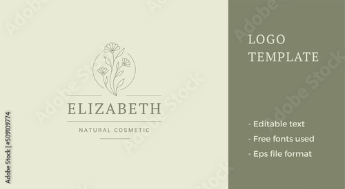 Organic chamomile spring bouquet circle frame minimalist business card brand logo vector