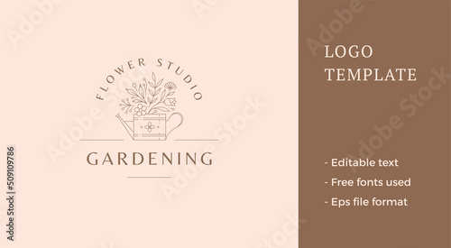 Line art minimalist wild flower bouquet in watering can elegant feminine logo design vector