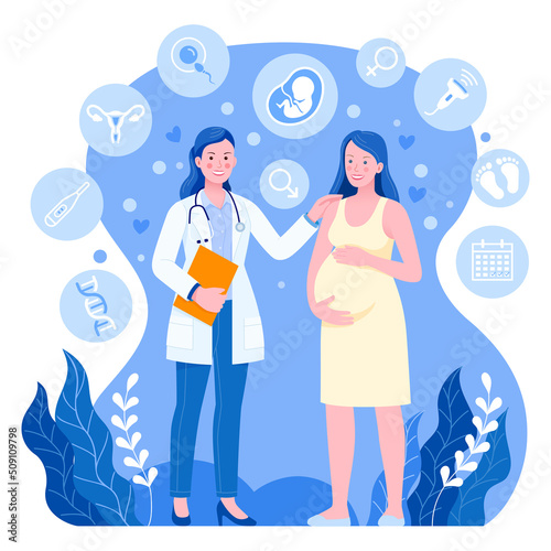 Female doctor woman with pregnant woman. Vector flat illustration.