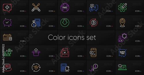 Set of Timer, Online documentation and Smartphone notification line icons. Include Calendar, Download arrow, Wind energy icons. 360 degree, Support chat, Medical chat web elements. Vector
