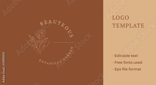 Romantic organic natural wildflower bud stem leaves rhombus frame minimalist logo vector