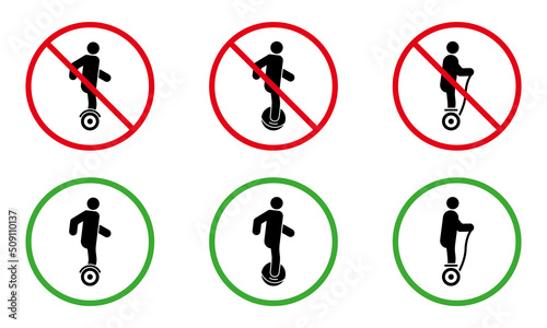 Forbid Electric Unicycle Hoverboard Gyroscooter Pictogram Set. Ban Danger Transport Icon. Warning Hover Board Symbol. No Allowed Gyro Scooter Sign. Prohibit Monowheel. Isolated Vector Illustration