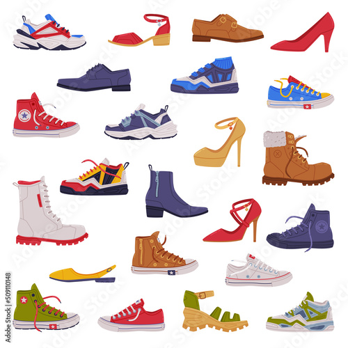 Shoes and Boots of Different Type as Casual Man and Woman Footwear Vector Set