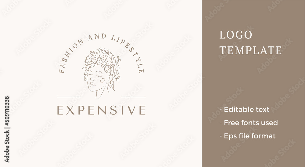 Fototapeta premium Botanical fashion woman minimalist line art flower wreath romantic decorative design logo vector
