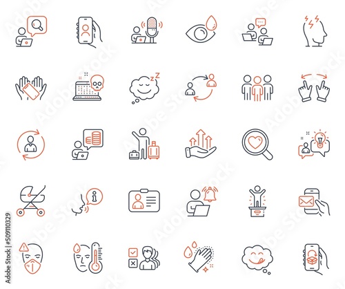 People icons set. Included icon as User notification, Winner podium and Airport transfer web elements. Medical mask, Budget accounting, Id card icons. Opinion, Move gesture, Sleep web signs. Vector