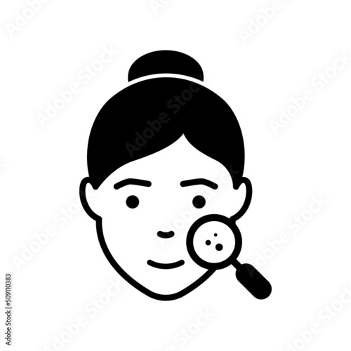 Dermatology Examination of Woman Skin Silhouette Icon. Checkup of Girl Skin Face with Magnifier Black Pictogram. Facial Skin Care Icon. Isolated Vector Illustration