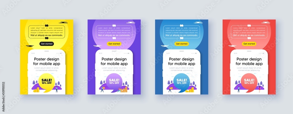 Poster frame with phone interface. Sale 10 percent off discount. Promotion price offer sign. Retail badge symbol. Cellphone offer with quote bubble. Sale message. Vector