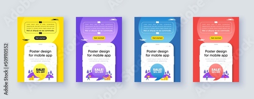 Poster frame with phone interface. Sale 10 percent off discount. Promotion price offer sign. Retail badge symbol. Cellphone offer with quote bubble. Sale message. Vector