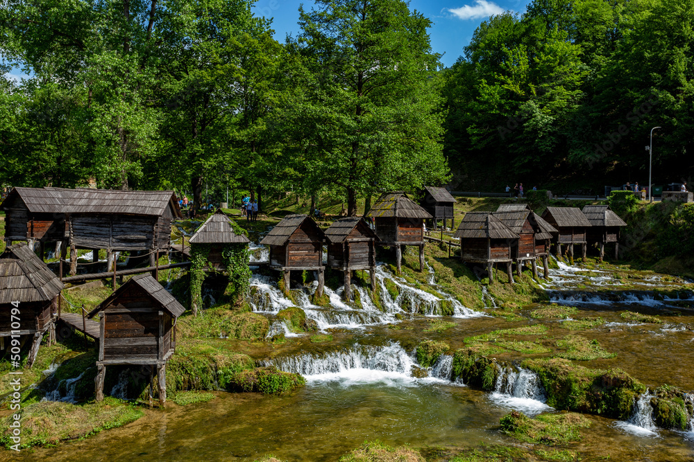 Historical wooden watermills near city Jajce, Bosnia and Herzegovina.