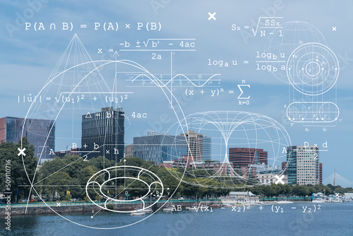 Panorama Boston city view skyline and Massachusetts Institute of Technology campus at day time. Technological and educational concept. Academic research and top ranking universities, hologram photo