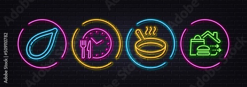 Frying pan, Food time and Pumpkin seed minimal line icons. Neon laser 3d lights. Food delivery icons. For web, application, printing. Cooking utensil, Eat clock. Neon lights buttons. Vector
