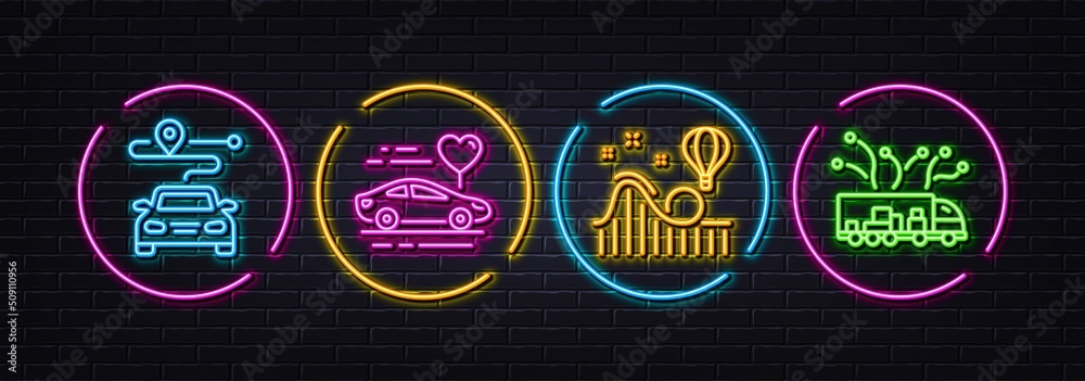 Roller coaster, Honeymoon travel and Journey minimal line icons. Neon laser 3d lights. Truck delivery icons. For web, application, printing. Attraction park, Car trip, Trip distance. Logistics. Vector