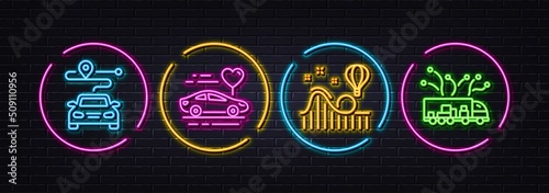 Roller coaster, Honeymoon travel and Journey minimal line icons. Neon laser 3d lights. Truck delivery icons. For web, application, printing. Attraction park, Car trip, Trip distance. Logistics. Vector