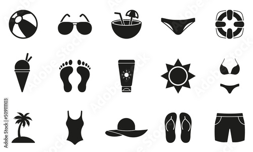Summer Swim Wear Black Silhouette Icon. Glyph Pictogram. Summer Swimwear for Women and Men Flat Symbol. Swimsuit Hat Cocktail Flip Flop Sun Glasses Sunscreen Palm. Isolated Vector Illustration