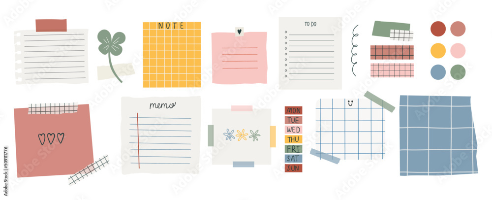 Collection of various paper notes. Blank paper notes for  to-do list, planner, memories. Stickers and assorted pieces of scotch tape. Vector hand drawn illustration. All elements are isolated.