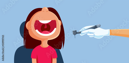 Little Girl Opening Big Mouth at the Dentist Vector Funny Cartoon Illustration. Child patient going to the dental clinic for cavities and toothache
