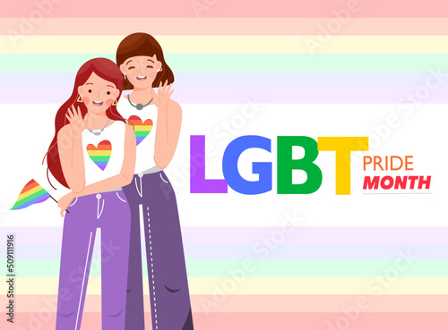 Pride month for LGBT right and social concept for poster or card. Lesbian couple, girl holding rainbow flag symbol, stading beside woman. Gay bisexual transgender community. Flat vector illustration