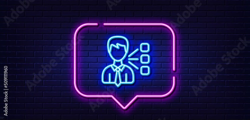 Neon light speech bubble. Third party line icon. Team leader sign. Business conversation symbol. Neon light background. Third party glow line. Brick wall banner. Vector