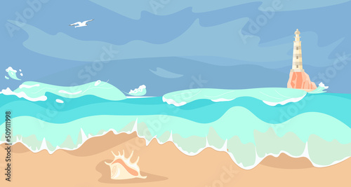 Horizontal banner of abstract seascape with storm on the sea and lighthouse