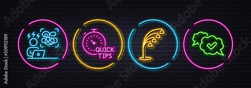 Floor lamp, Difficult stress and Quick tips minimal line icons. Neon laser 3d lights. Approved icons. For web, application, printing. Stand lamp, Work pressure, Helpful tricks. Comic message. Vector