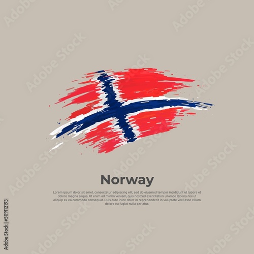 Norway flag. Brush painted norwegian flag on a white background. Brush strokes. Vector design national poster, template. Place for text.  State patriotic banner of norway, cover. Copy space