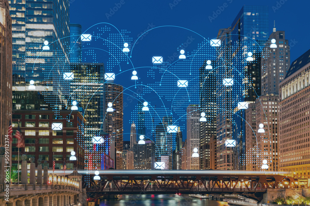 Panorama cityscape of Chicago downtown and Riverwalk, boardwalk with bridges, night time, Chicago, Illinois, USA. Social media hologram. Concept of networking and establishing new people connections