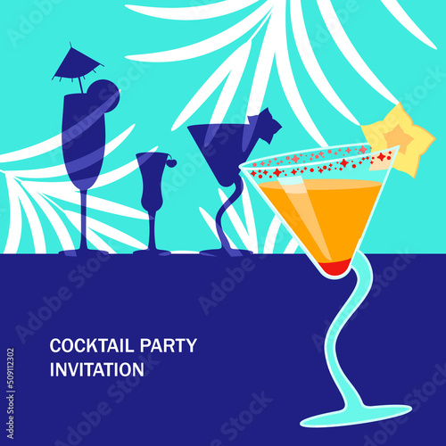 Exotic cocktail on bright blue and palm leaves background