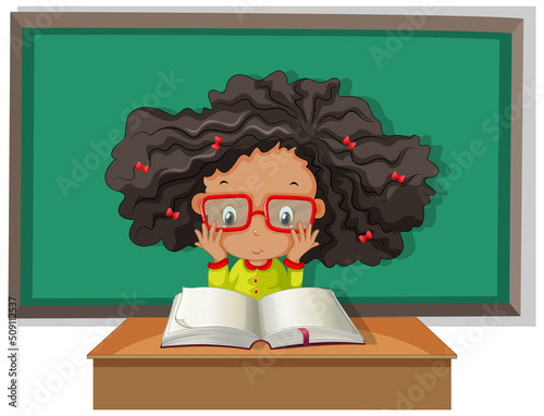 Student with curly hair reading a book wih board on the background
