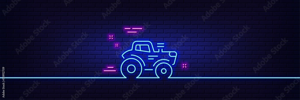 Neon light glow effect. Tractor transport line icon. Agriculture farm ...