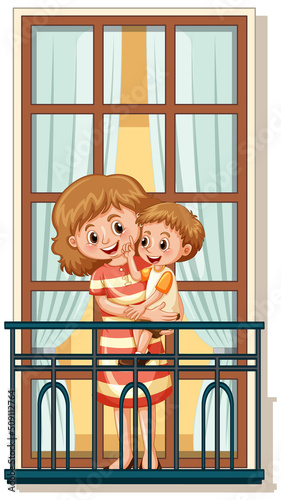 A woman and her son standing on the balcony