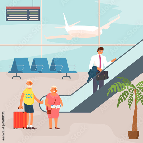 Elderly travelers with luggage at the airport lounge. Businessman standing on escalator