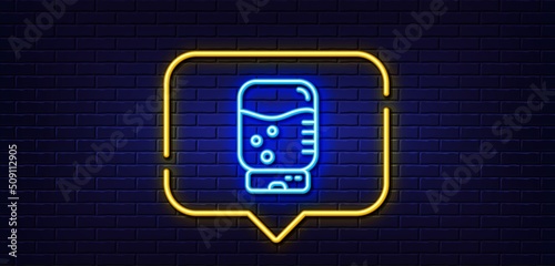 Neon light speech bubble. Water cooler bottle line icon. Still aqua drink sign. Liquid symbol. Neon light background. Water cooler glow line. Brick wall banner. Vector