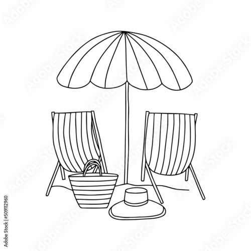 Hand drawn beach umbrella and beach chairs vector coloring page.