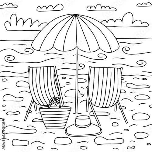 Summer sunny beach coloring page. Vector hand drawn coloring page with beach umbrella beach chairs.